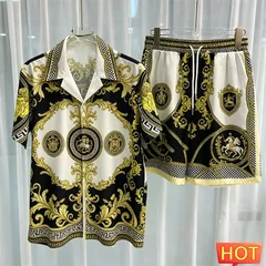 Striped Crown Pattern Luxury two-piece shirt set Summer Men Shirt Set colorful home high-end button up shirts pants Vacation set
