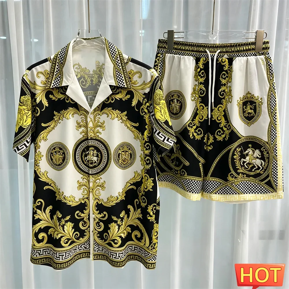 Striped Crown Pattern Luxury two-piece shirt set Summer Men Shirt Set colorful home high-end button up shirts pants Vacation set