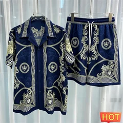 Striped Crown Pattern Luxury two-piece shirt set Summer Men Shirt Set colorful home high-end button up shirts pants Vacation set