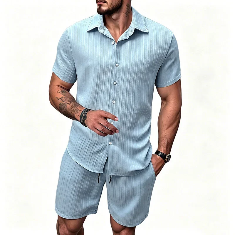 2026 New Men Vertical Wrinkle Lapel Short Sleeve Shirt Shorts 2 Piece Set Regular Fit Summer Beach Daily Casual Matching Outfit