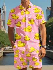 Cartoon Duck Graphic Men Co‑ord Set Turn‑down Collar Button Shirt Elastic Waist Short Pant Vacation Suit