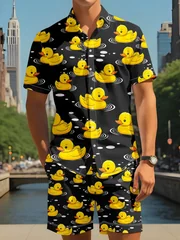 Cartoon Duck Graphic Men Co‑ord Set Turn‑down Collar Button Shirt Elastic Waist Short Pant Vacation Suit