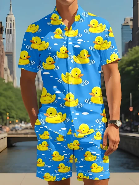 Cartoon Duck Graphic Men Co‑ord Set Turn‑down Collar Button Shirt Elastic Waist Short Pant Vacation Suit