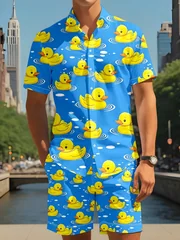 Cartoon Duck Graphic Men Co‑ord Set Turn‑down Collar Button Shirt Elastic Waist Short Pant Vacation Suit