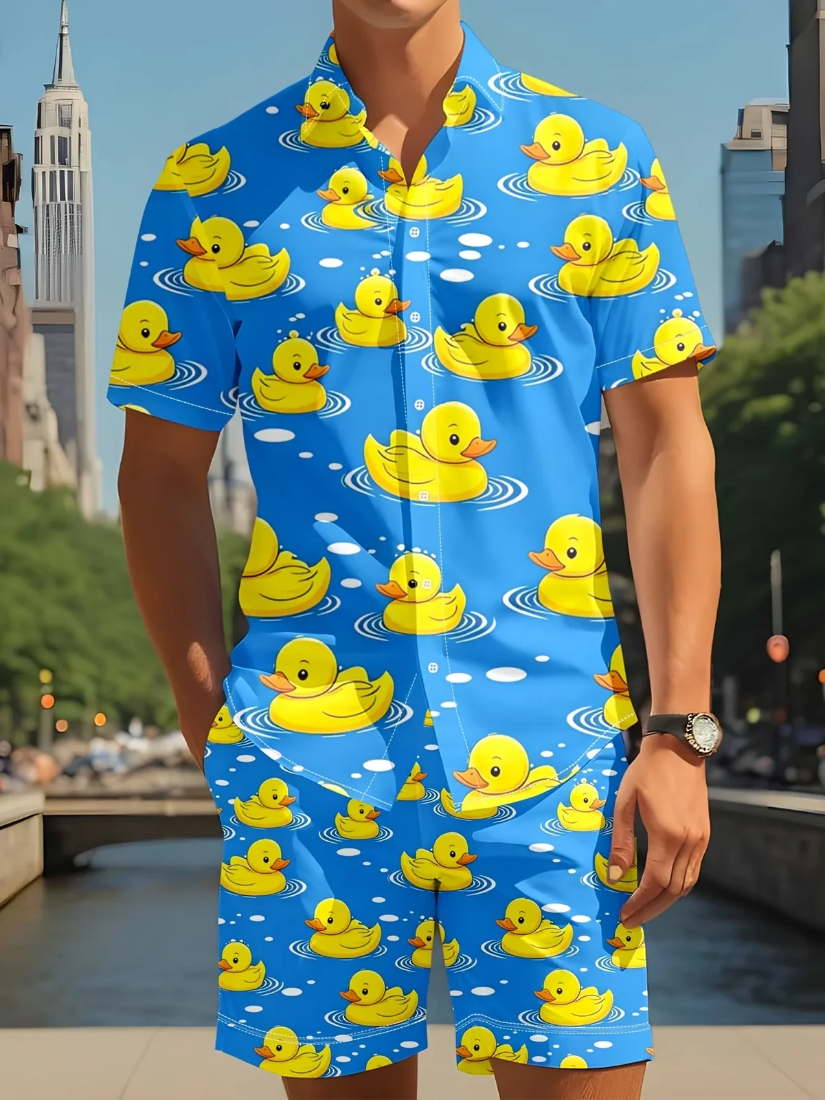 Cartoon Duck Graphic Men Co‑ord Set Turn‑down Collar Button Shirt Elastic Waist Short Pant Vacation Suit