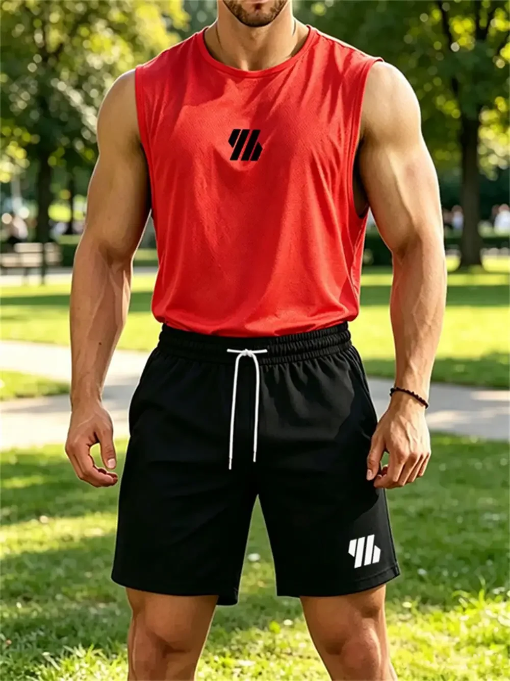 2026 new Men's Brand Vest Two-piece Fitness Running Sportswear Fashionable Printed Round Neck Vest/Breathable Shorts Sets