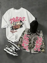 2026 Summer American Men's T-shirt Set for Outdoor Sports Fashion Casual Soft Breathable with 3D Letter Pattern Printing