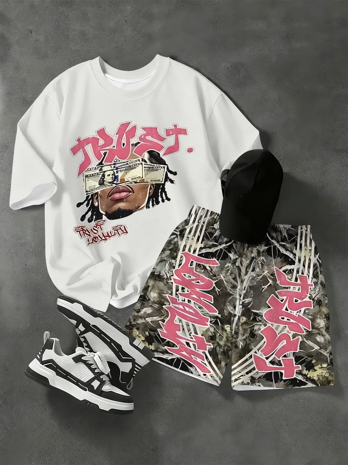 2026 Summer American Men's T-shirt Set for Outdoor Sports Fashion Casual Soft Breathable with 3D Letter Pattern Printing