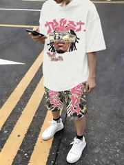 2026 Summer American Men's T-shirt Set for Outdoor Sports Fashion Casual Soft Breathable with 3D Letter Pattern Printing