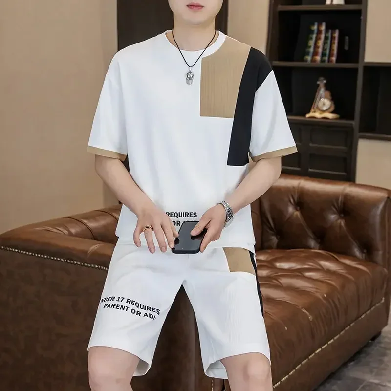 2026 New Men's Oversized Suit Korean High Street Fashion T-shirt Shorts 2 Piece Set Men Trendy O Neck Top Designer Clothes Men