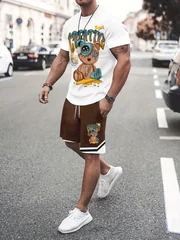Summer men's short-sleeved short-pants set with bear print breathable and lightweight suitable for casual and fashionable wear