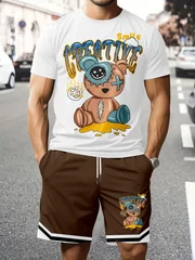 Summer men's short-sleeved short-pants set with bear print breathable and lightweight suitable for casual and fashionable wear