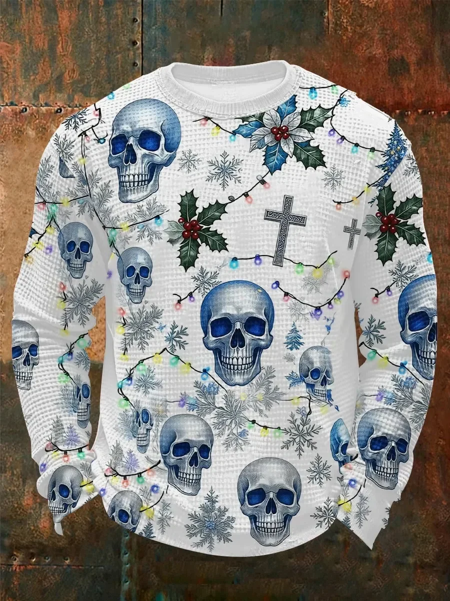 New Fall/Winter Long-Sleeve T-Shirts For Men Christmas Skull Print Comfortable Long-Sleeve T-Shirts Outdoor Streetwear Tops