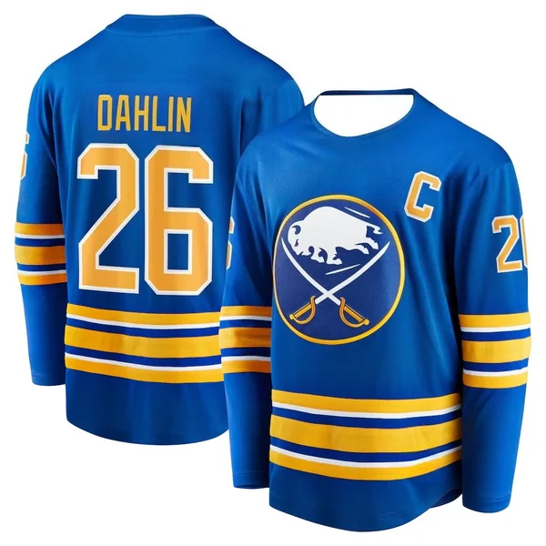 Hockey Jersey - Blue with Yellow/White Accents "Dahlin 26" Captain "C" Buffalo Bison Logo Athletic Jersey 3d HD Prints