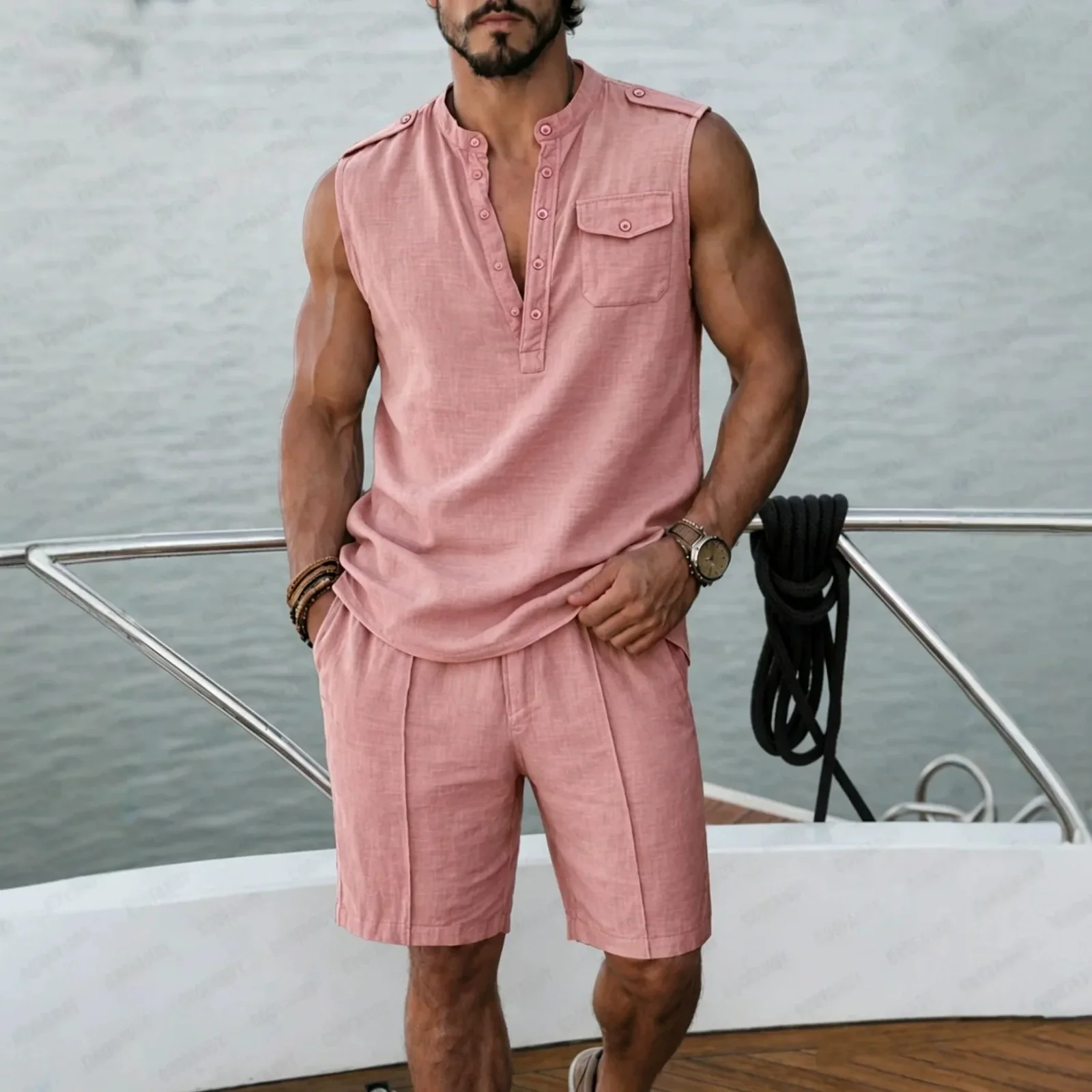 Summer Men Linen Casual Two Piece Outfit Sleeveless Stand Collar Pocket Vest Loose Straight Shorts Set Holiday Beach Daily Wear.