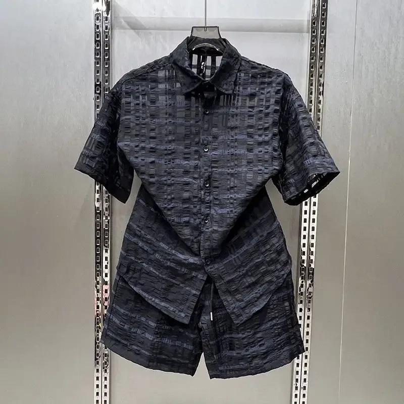 Men Korean Vintage Pleated Plaid Two Piece Set Summer Thin Shirt And Elastic Waist Casual Shorts Outfit