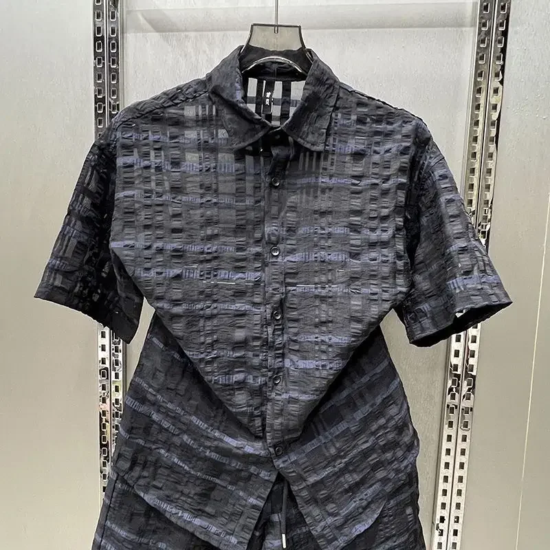 Men Korean Vintage Pleated Plaid Two Piece Set Summer Thin Shirt And Elastic Waist Casual Shorts Outfit