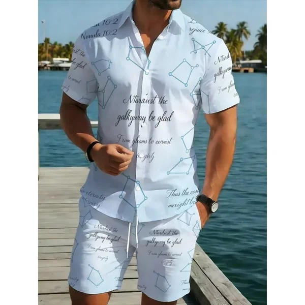 Men's Lightweight Polyester Short Sleeve Shirt & Shorts Set White Elegant Printed Beach Vacation CasualOuting Breathable Durable