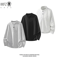 Male Raglan Sleeve Henley Pullover Stand Collar Two Button Long Sleeve Breathable Fabric Casual Travel Garment