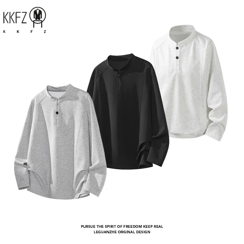 Male Raglan Sleeve Henley Pullover Stand Collar Two Button Long Sleeve Breathable Fabric Casual Travel Garment