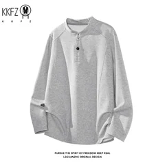 Male Raglan Sleeve Henley Pullover Stand Collar Two Button Long Sleeve Breathable Fabric Casual Travel Garment