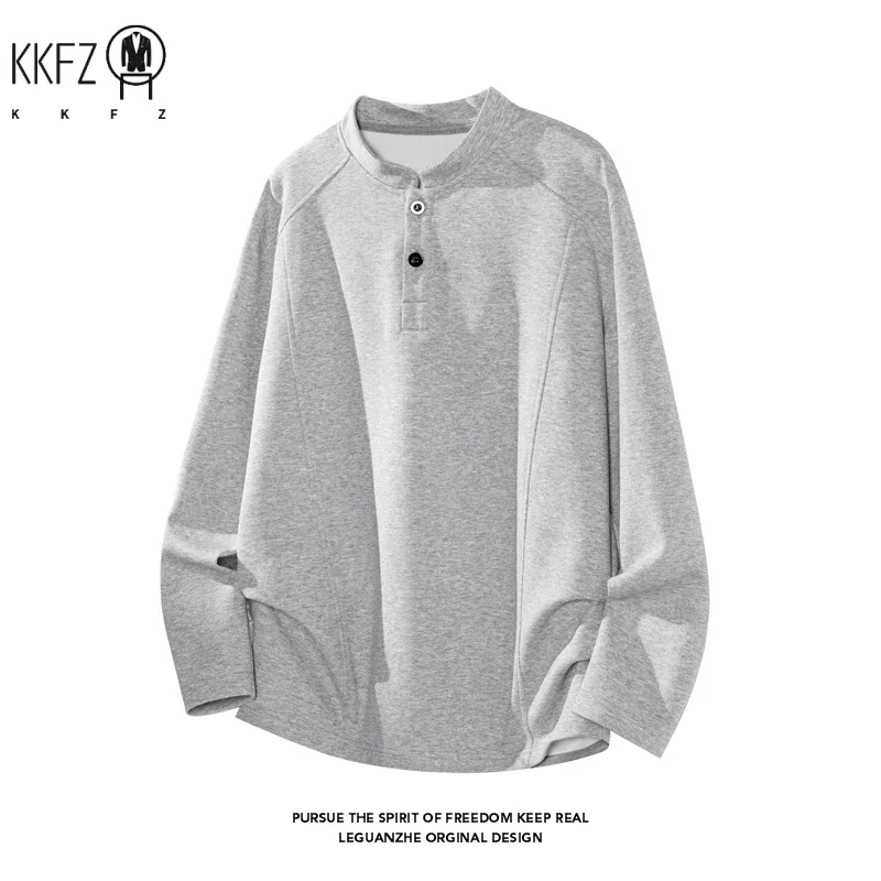 Male Raglan Sleeve Henley Pullover Stand Collar Two Button Long Sleeve Breathable Fabric Casual Travel Garment