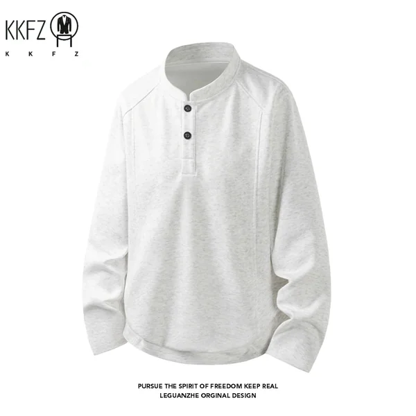 Male Raglan Sleeve Henley Pullover Stand Collar Two Button Long Sleeve Breathable Fabric Casual Travel Garment