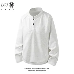 Male Raglan Sleeve Henley Pullover Stand Collar Two Button Long Sleeve Breathable Fabric Casual Travel Garment