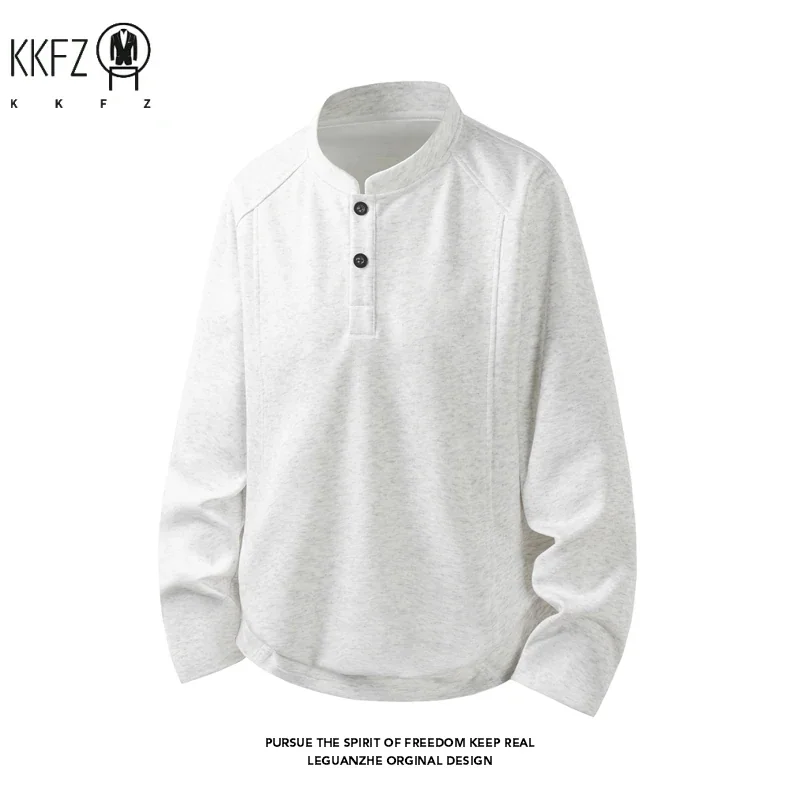 Male Raglan Sleeve Henley Pullover Stand Collar Two Button Long Sleeve Breathable Fabric Casual Travel Garment
