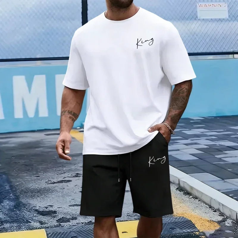 King Letter Men's Set Cotton T-shirt Sports Shorts Summer Daily Casual Fashion Short Sleeve Sportswear Home Outdoor Tees Outfit