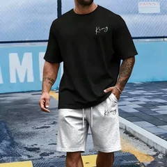 King Letter Men's Set Cotton T-shirt Sports Shorts Summer Daily Casual Fashion Short Sleeve Sportswear Home Outdoor Tees Outfit