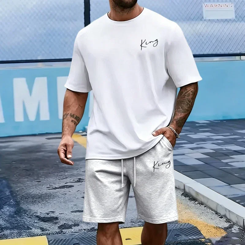 King Letter Men's Set Cotton T-shirt Sports Shorts Summer Daily Casual Fashion Short Sleeve Sportswear Home Outdoor Tees Outfit