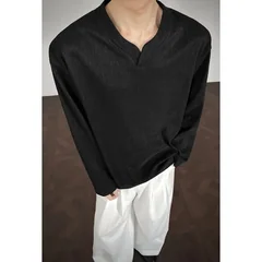 Men Casual Notch Neck Long Sleeve Top Wrinkle Crepe Fabric Loose Cut All Match Vacation Wear Shirt