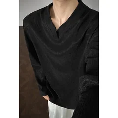 Men Casual Notch Neck Long Sleeve Top Wrinkle Crepe Fabric Loose Cut All Match Vacation Wear Shirt