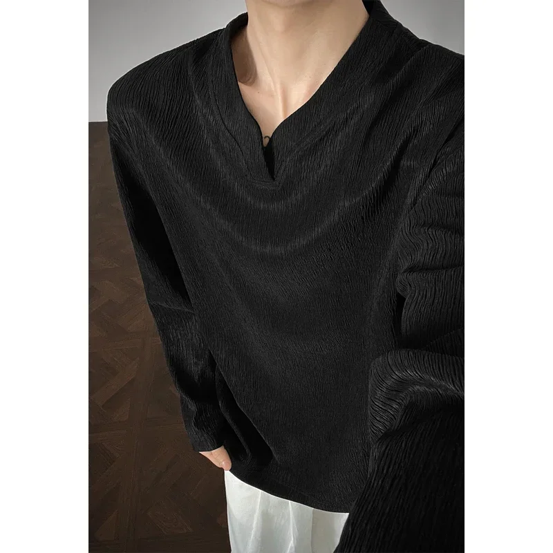 Men Casual Notch Neck Long Sleeve Top Wrinkle Crepe Fabric Loose Cut All Match Vacation Wear Shirt