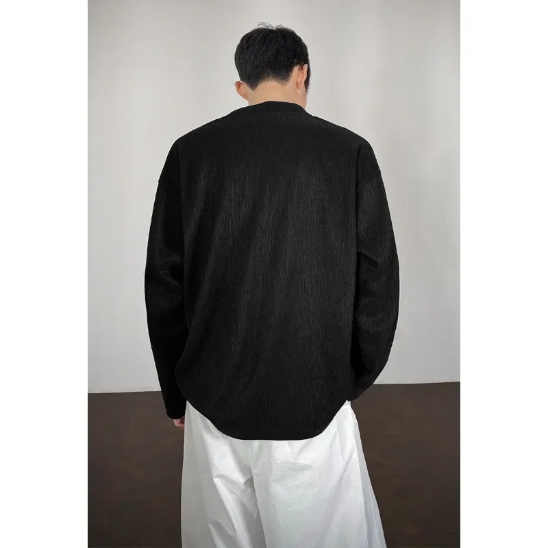 Men Casual Notch Neck Long Sleeve Top Wrinkle Crepe Fabric Loose Cut All Match Vacation Wear Shirt