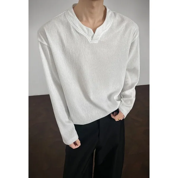 Men Casual Notch Neck Long Sleeve Top Wrinkle Crepe Fabric Loose Cut All Match Vacation Wear Shirt