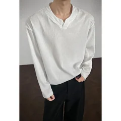 Men Casual Notch Neck Long Sleeve Top Wrinkle Crepe Fabric Loose Cut All Match Vacation Wear Shirt