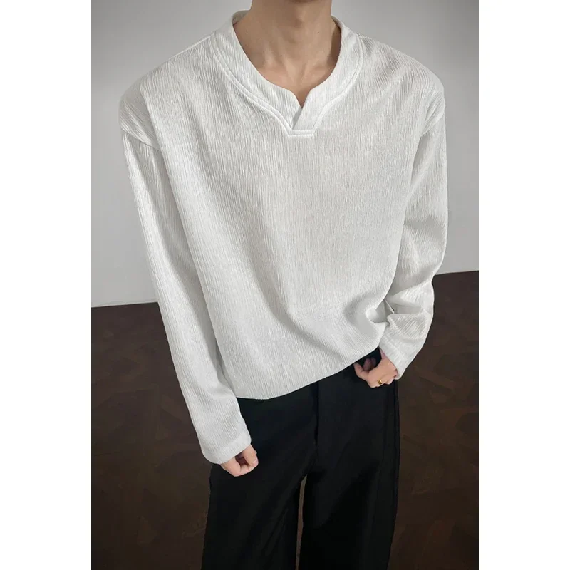 Men Casual Notch Neck Long Sleeve Top Wrinkle Crepe Fabric Loose Cut All Match Vacation Wear Shirt