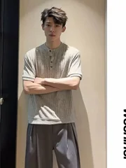 Men's Old Money Henley Shirt Ribbed Knit Short Sleeve T-Shirt High Stretch Casual Button Down Top Basic Tee Plus Size