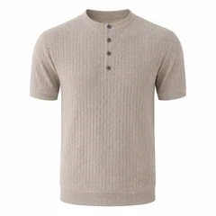 Men's Old Money Henley Shirt Ribbed Knit Short Sleeve T-Shirt High Stretch Casual Button Down Top Basic Tee Plus Size