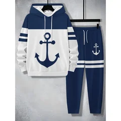 The Men'S Casual Sportswear Set Includes A Hooded Sweatshirt And A Pair Of Blue And White Color Block Designed Pants