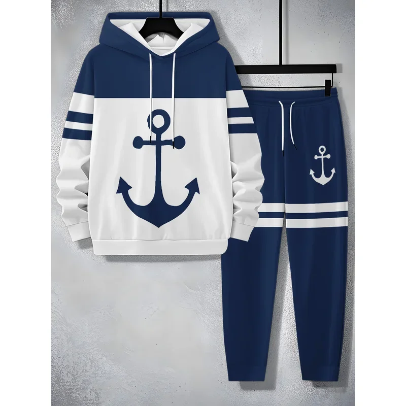 The Men'S Casual Sportswear Set Includes A Hooded Sweatshirt And A Pair Of Blue And White Color Block Designed Pants