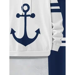 The Men'S Casual Sportswear Set Includes A Hooded Sweatshirt And A Pair Of Blue And White Color Block Designed Pants