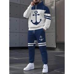 The Men'S Casual Sportswear Set Includes A Hooded Sweatshirt And A Pair Of Blue And White Color Block Designed Pants