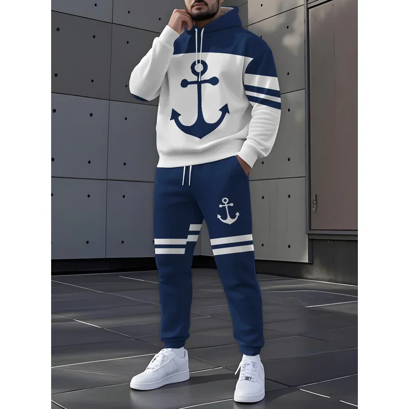 The Men'S Casual Sportswear Set Includes A Hooded Sweatshirt And A Pair Of Blue And White Color Block Designed Pants