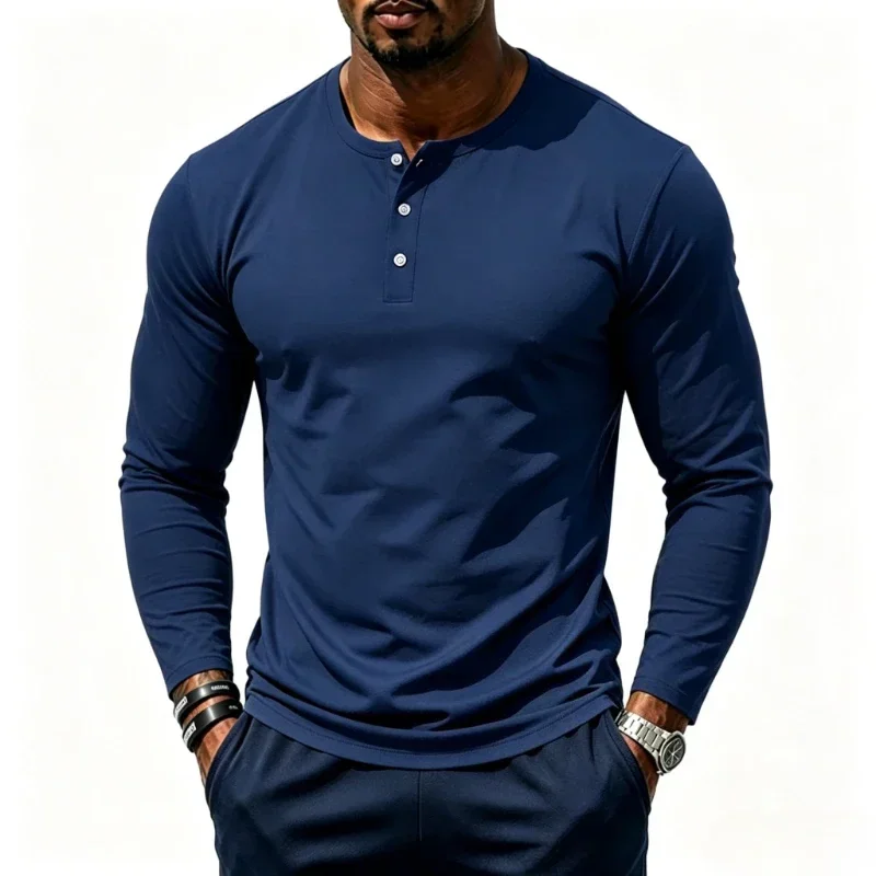 Autumn Fitness Henley Neck T Shirts Men Solid Color Male Long Sleeve Tops Slim Fit Button Neck Casual Cozy Tshirt Streetwear Tee