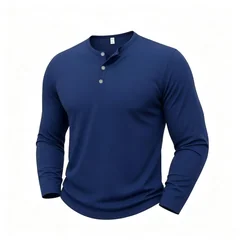 Autumn Fitness Henley Neck T Shirts Men Solid Color Male Long Sleeve Tops Slim Fit Button Neck Casual Cozy Tshirt Streetwear Tee