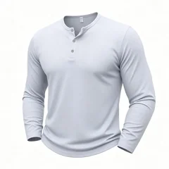 Autumn Fitness Henley Neck T Shirts Men Solid Color Male Long Sleeve Tops Slim Fit Button Neck Casual Cozy Tshirt Streetwear Tee