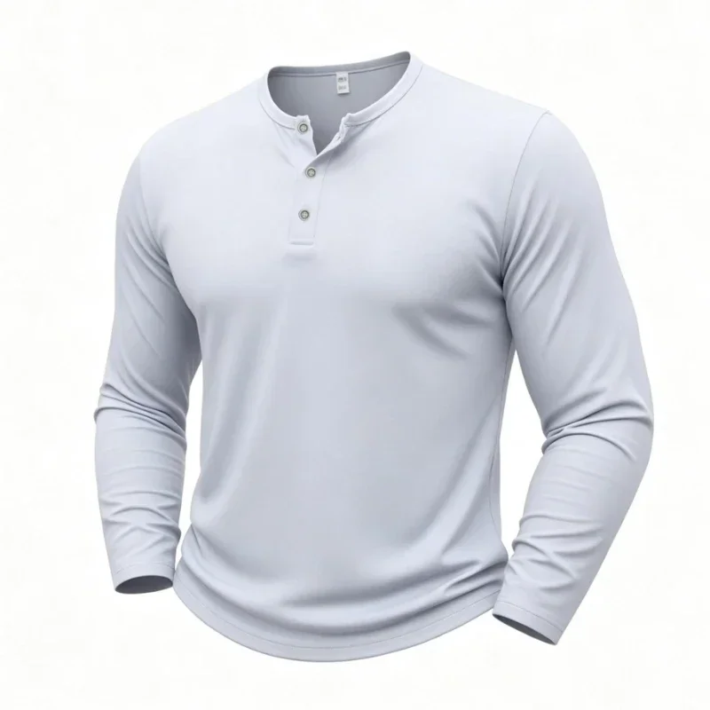 Autumn Fitness Henley Neck T Shirts Men Solid Color Male Long Sleeve Tops Slim Fit Button Neck Casual Cozy Tshirt Streetwear Tee